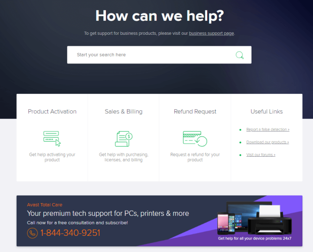 The Help Page of Avast