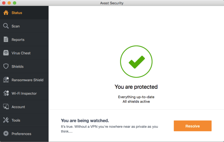 Avast Security for Mac Antivirus Main Interface