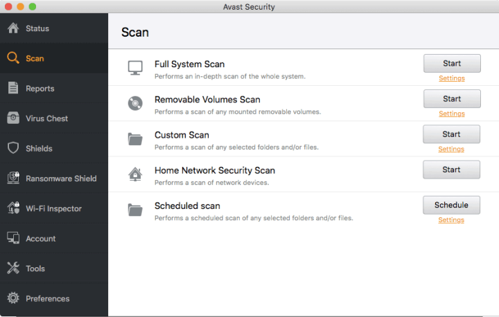 Available Scan Options in Avast