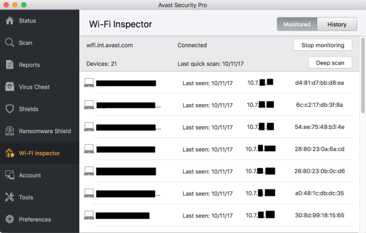 The Wi-Fi Inspector in Avast Security for Mac