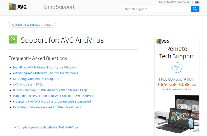 AVG AntiVirus's Support Page