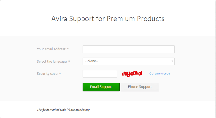 Contact page for Avira Free Antivirus
