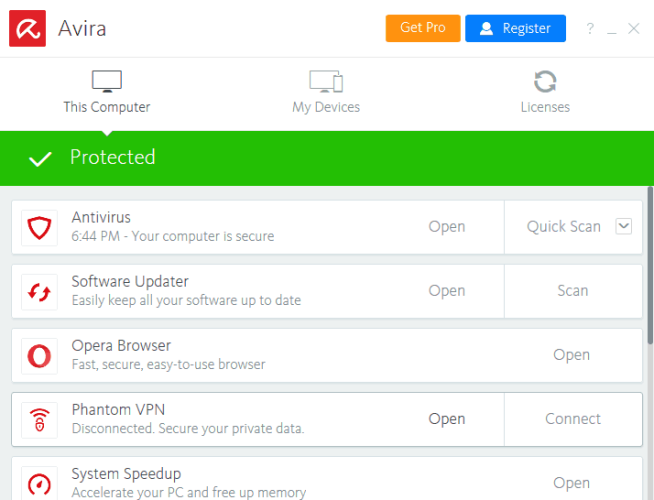 Avira Free Antivirus interface