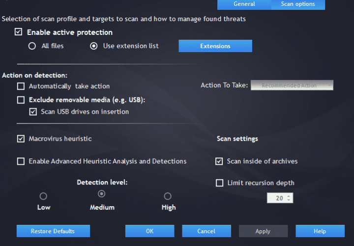 Defencebyte Anti-Ransomware Scan Options