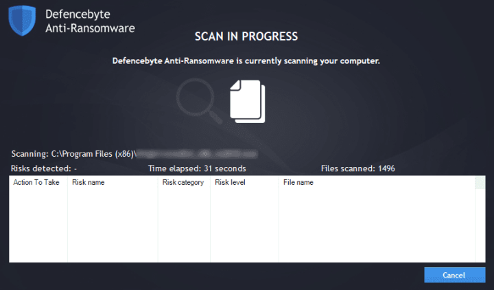 Defencebyte Anti-Ransomware Scan Progress