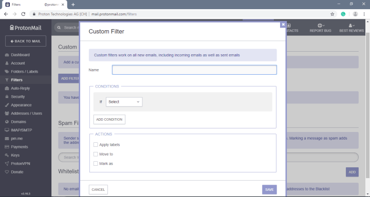 ProtonMail Web Filter Rules