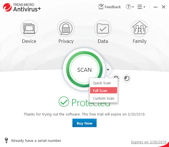 Scan option with Trend Micro Antivirus+ Security