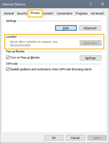 Turning off Geolocation in Internet Explorer step 2