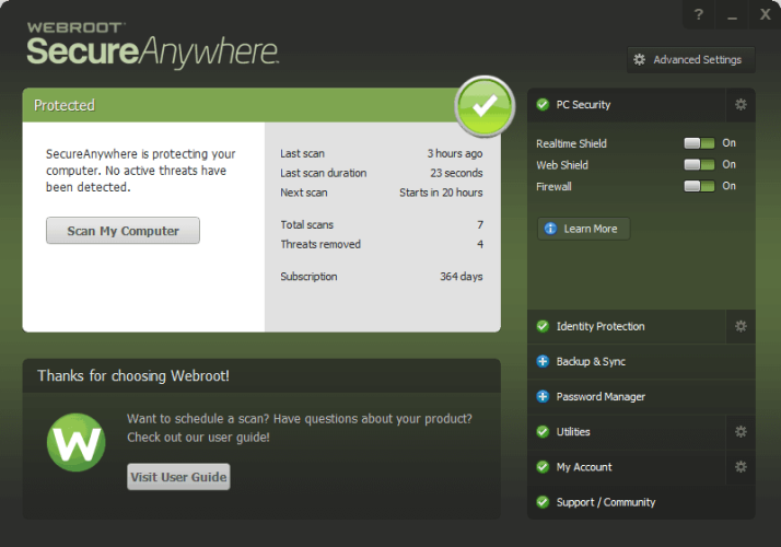 The Main Interface of Webroot SecureAnywhere