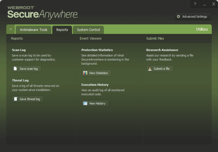 Report Options in Webroot SecureAnywhere