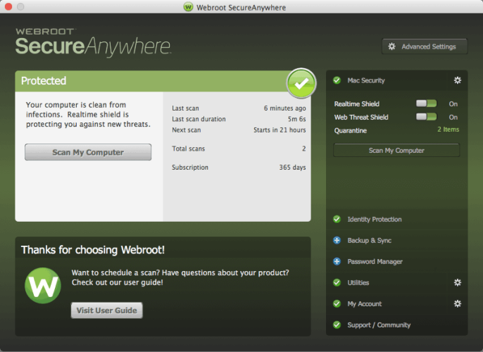 Webroot SecureAnywhere for Mac Interface
