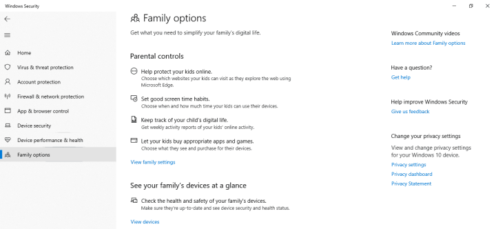 Windows Defender Antivirus' parental controls